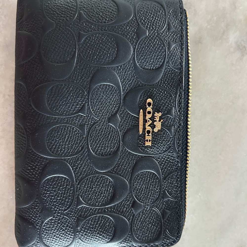 Coach Midnight Blue Corner Zip Wristlet Embossed with Gold Accents